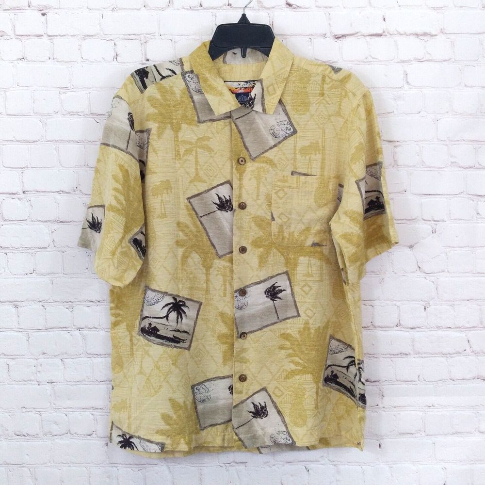 Havana Jacks Cafe Shirt Mens Medium Yellow Floral Silk Hawaiian Postcard Camp
